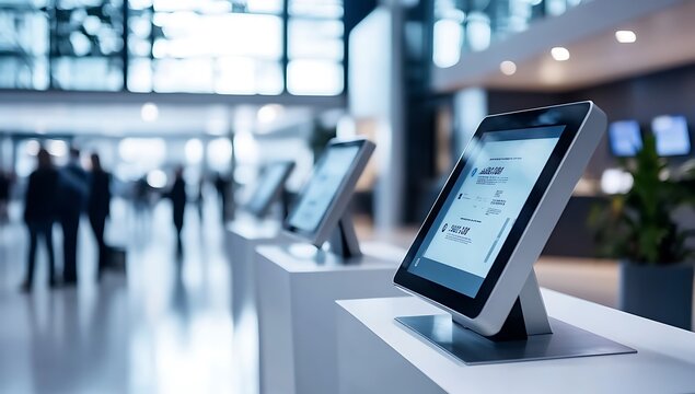 Row of digital self service kiosks with screens displaying information in a bright airport terminal digital display