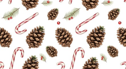 Fototapeta premium Christmas Seamless Pattern with Pinecones, Candy Canes, and Fir Branches