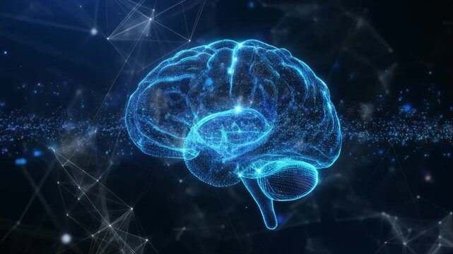 Glowing blue digital illustration of a human brain with neon outlines against a dark background with scattered particles and geometric shapes.
