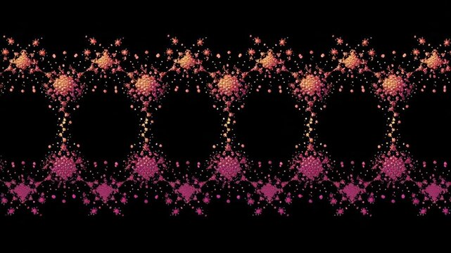 Mesmerizing digital tapestry of intricate fractal patterns forming a luminous, cosmic border against a deep black canvas, evoking complex beauty and infinite expansion through vibrant warm hues