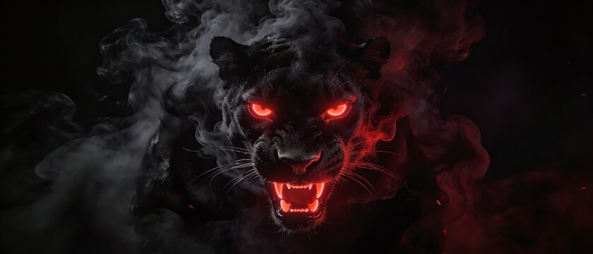 A powerful black panther head formed by swirling grey smoke with glowing red eyes and mouth roaring on a black background. AI Generated