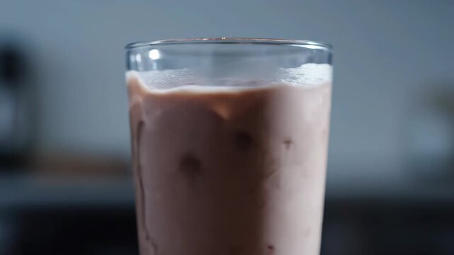 Extreme close-up of refreshing cold iced chocolate or mocha beverage in a sweaty condensation-covered glass with ice cubes, studio shot against a dark background.