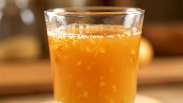 Close-up macro shot of healthy, pulpy orange beverage or fresh citrus juice shot in a small glass cup, emphasizing thick texture and vibrant color for health and refreshment.