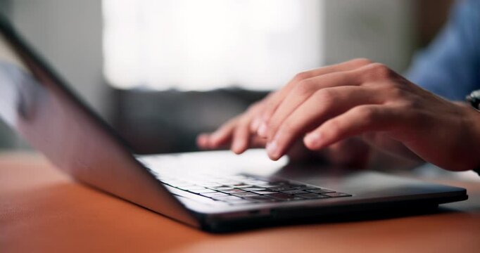 Computer, typing and hands of businessman in office for research on creative project online. Technology, contact and male magazine editor with email for feedback on publishing at startup agency.