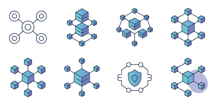 Isometric blue gradient cube icons showing complex network architecture and data security solutions