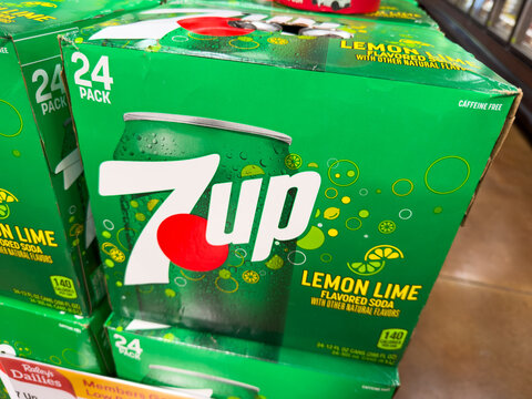 7UP Lemon Lime Soda 24 Pack Carton Displayed In Grocery Store Beverage Aisle