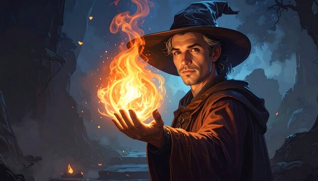 A wizard holds a glowing flame in a mystical cave