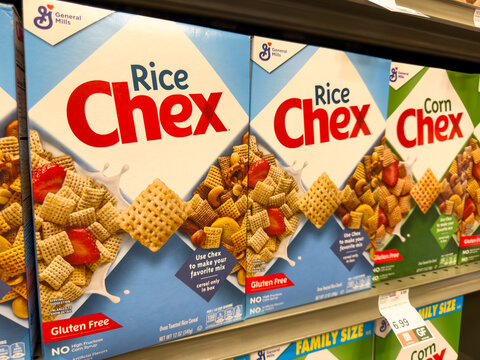 Rice Chex And Corn Chex Breakfast Cereal Boxes Displayed On Grocery Store Shelf