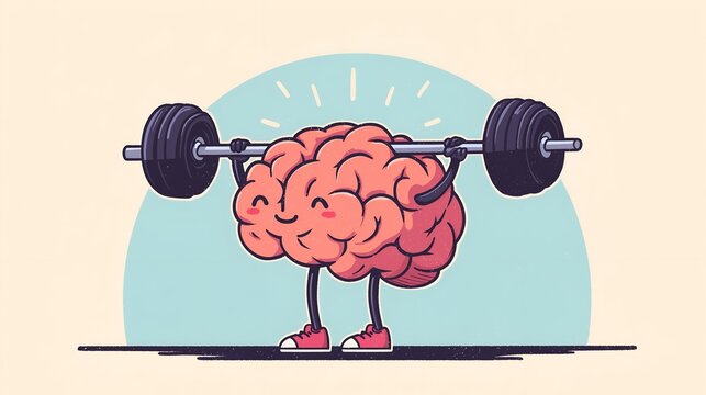 A whimsical illustration showcasing a brain lifting weights, symbolizing mental strength and fitness in a playful manner.