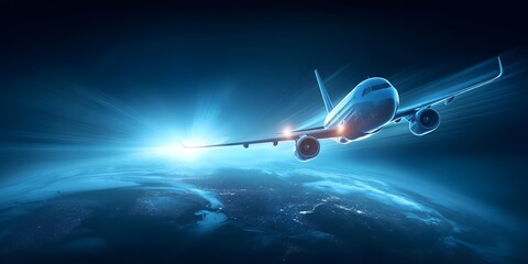 Fototapeta premium An airplane soaring through the sky above Earth, showcasing modern aviation and the beauty of travel in a digital art style.