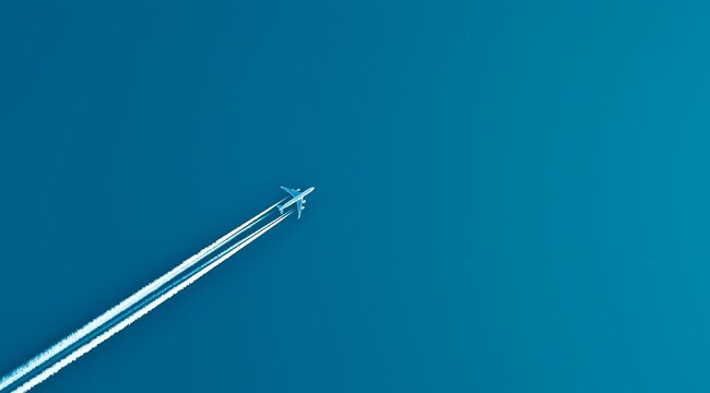 An airplane soaring through a clear blue sky, leaving a trail of contrails, symbolizing travel and exploration.