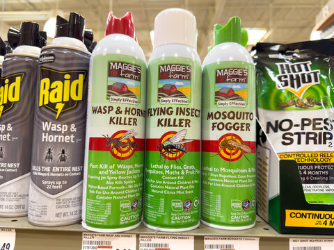Raid And Maggie&rsquo;s Farm Insect Killer Sprays Displayed On Hardware Store Pest Control Shelf