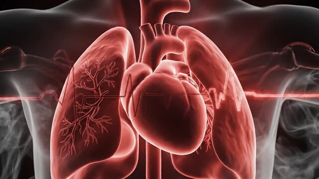 Animated medical visualization of human heart and lungs anatomy with heartbeat signal for