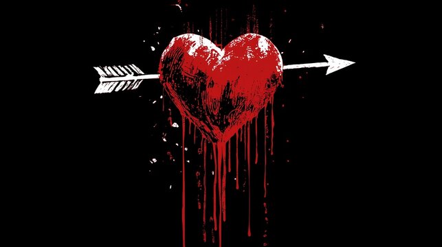 An artistic representation of a bleeding heart pierced by an arrow, symbolizing love's pain and passion in a striking design.