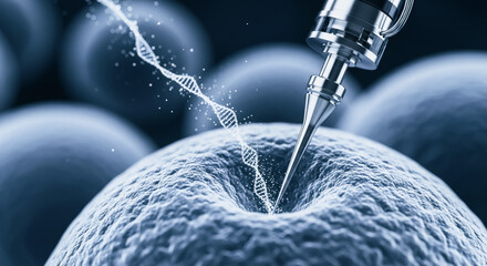 Genetic engineering and biotechnology concept showing a needle injecting DNA into a cell for medical research.