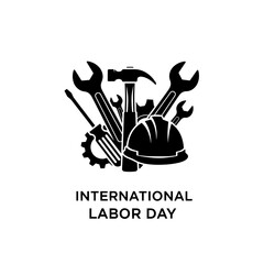Obraz premium International Labor Day commemorative vector illustration with a minimalist style, showing construction tools like hard hats, wrenches, and hammers to celebrate hard work and industry.