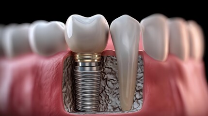 Close-up view of a dental implant showcasing the intricate details of the implant and surrounding teeth, emphasizing oral health.