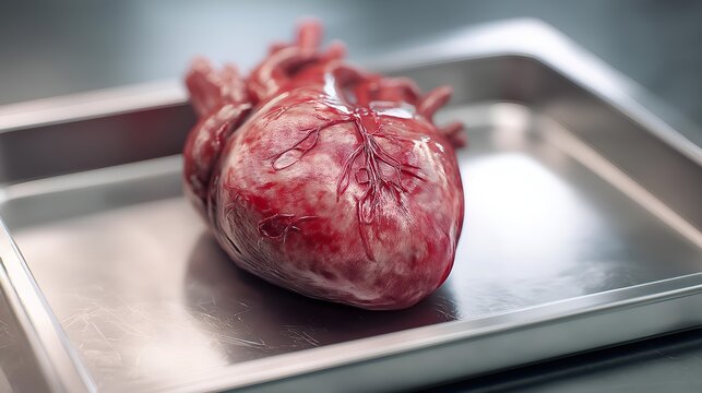 Close-up view of a realistic anatomical heart on a stainless steel tray, showcasing intricate details of its structure.