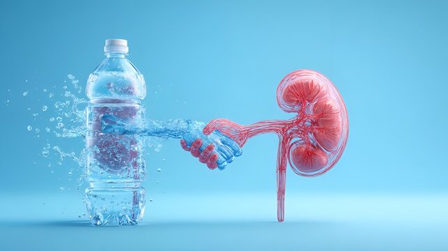 Conceptual image depicting the relationship between hydration and kidney health, showcasing a water bottle and kidney interaction.