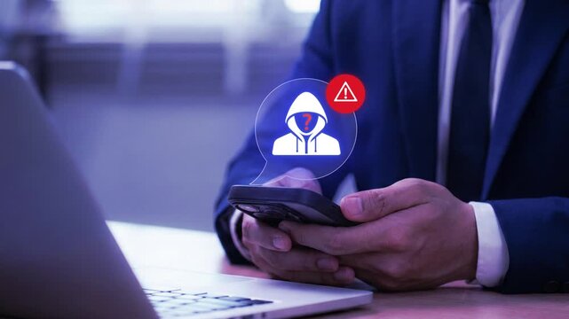 Phone scam alert notification concept. A woman holding a smartphone with a digital scam warning notification, fraudulent calls, cybersecurity threats, and telecommunication security awareness. fraud