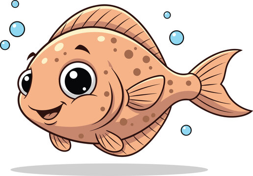 Cute cartoon flounder fish with big eyes and spots, adorable marine animal vector illustration for kids design
