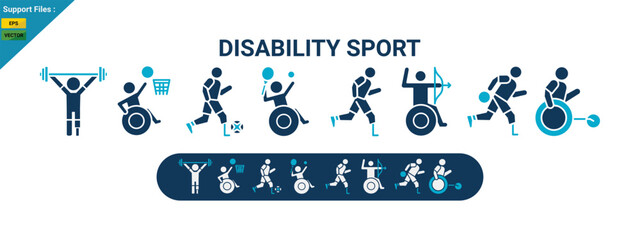 Fototapeta premium Disabled sport icons set, Adaptive Sports, Paralympic athlete vector illustration two color set. 