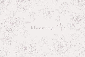 Obraz premium Delicate floral pattern with sketched peonies and a dragonfly illustration