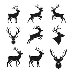 Fototapeta premium Collection of deer silhouettes walking and standing.