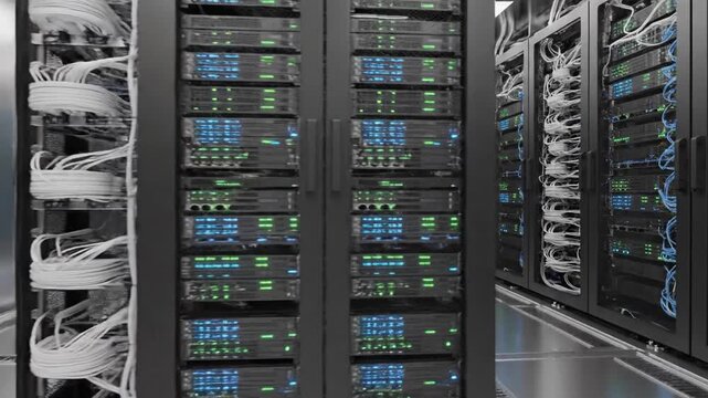 Server room featuring rows of operating computer equipment, data storage systems