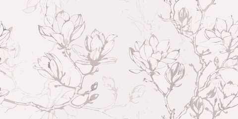 Delicate magnolia branch sketches create a soft repeating floral pattern © Anik
