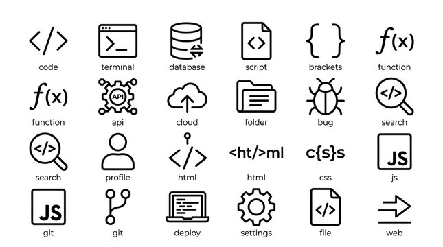 Coding symbols and web development icons.