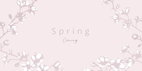 Delicate floral branches frame the word spring on a pink background