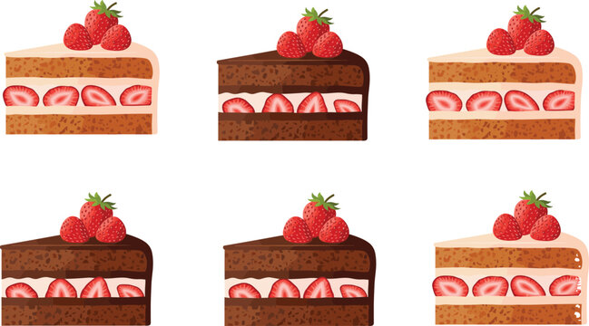 Strawberry cake slice collection with chocolate and vanilla sponge layers fresh berries cream dessert bakery vector illustration set