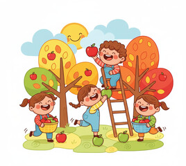 Obraz premium Children happily picking apples in an orchard during autumn, enjoying a sunny day with cartoonish trees and clouds