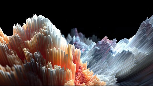 Abstract mountainous landscape with vibrant orange and blue peaks, a striking digital art visualization