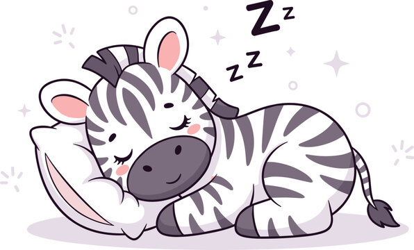 Cute sleeping zebra hugging pillow with sleep symbols, adorable cartoon safari animal vector illustration for nursery bedtime design