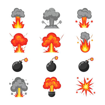 Explosion and bomb icons set.