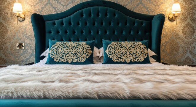 Luxurious teal upholstered bed with a high arched tufted headboard and ornate gold embroidered pillows on plush bedding