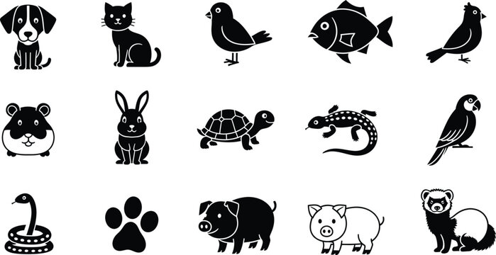 A collection of fifteen diverse pet animal icons displayed in a clean black and white line format