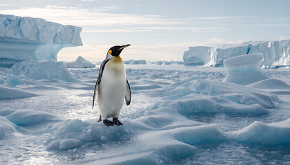 Obraz premium Emperor penguin standing on ice floe in Antarctic wilderness under clear blue sky