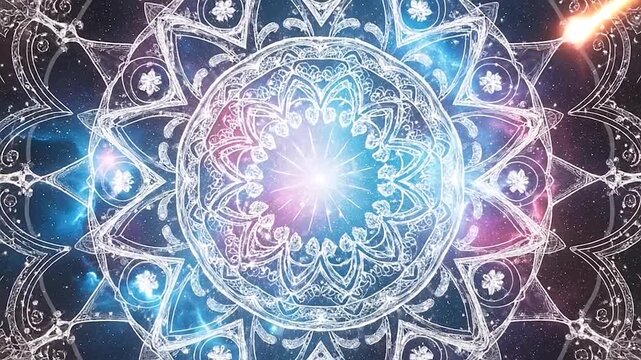 Intricate mandala pattern with cosmic nebula background and glowing light