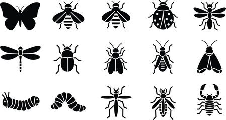 A collection of fifteen detailed black silhouette icons representing various insects and arthropods © Shahedul