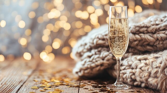 Sparkling champagne flute with golden bubbles on wooden table with knitted blanket and confetti, warm fairy lights bokeh, intimate New Year's Eve atmosphere