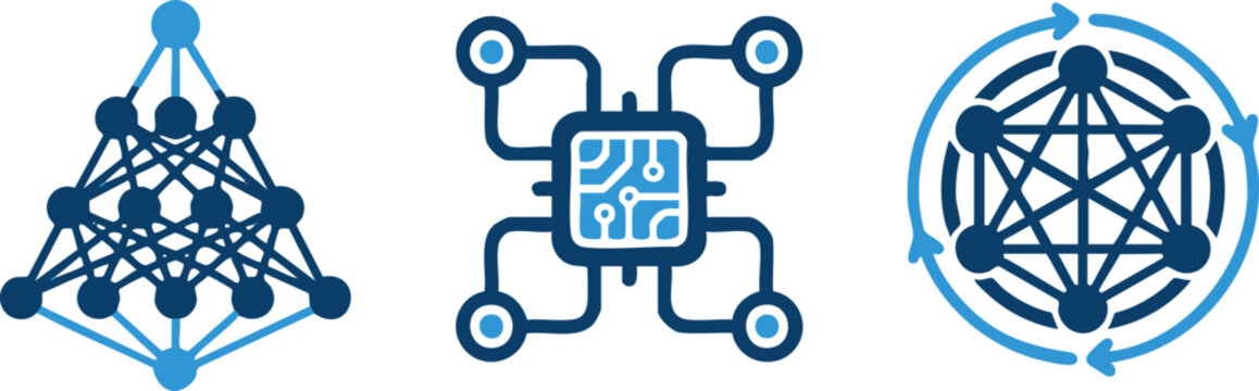 Set of three blue artificial intelligence neural network icons representing machine learning data processing connectivity and advanced computing technology solutions