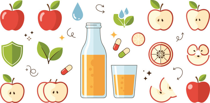 Apple juice health concept set with fresh apples slices leaves vitamins and natural drink benefits vector illustration