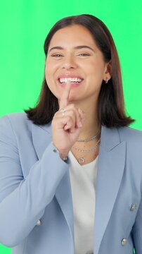 Secrets, face and woman on green screen with wink, mystery news or whisper in surprise announcement. Silent, gossip or person in studio with hand gesture, confidential or shush emoji in disclosure.