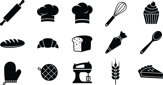 A collection of fifteen black and white vector icons representing various baking and kitchen tools