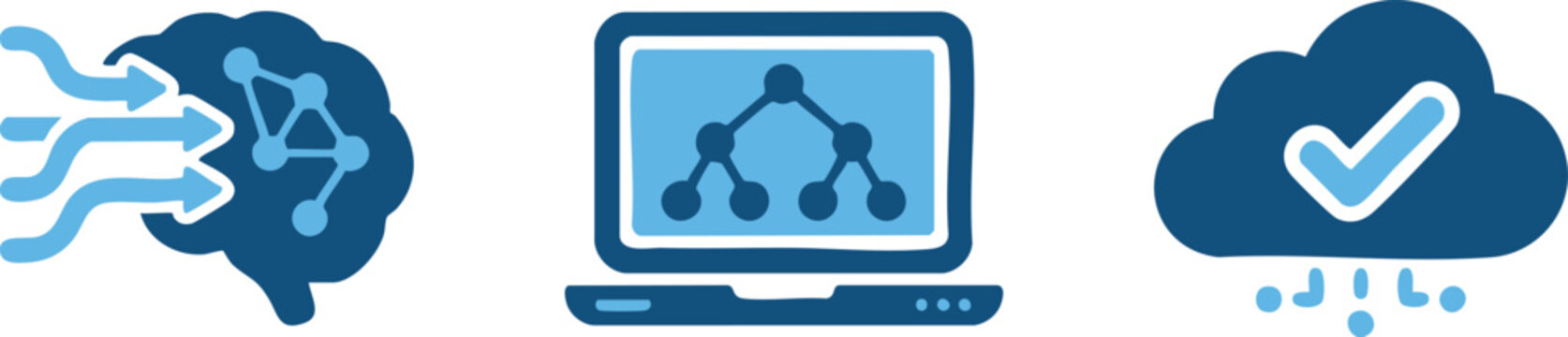 Set of three blue technology icons representing artificial intelligence brain processing data structure and cloud computing success for digital systems design