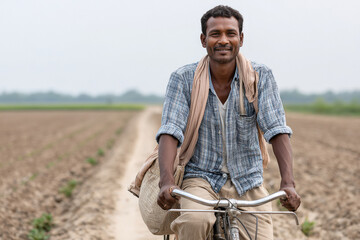 Obraz premium Indian farmer traveling by bicycle with farm goods on a countryside road