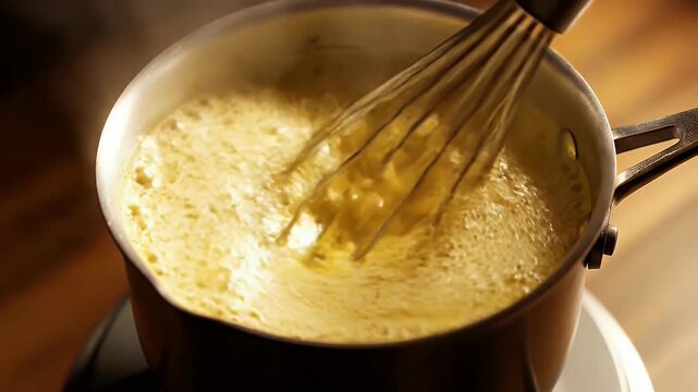 A whisk blends a warm bright yellow turmeric latte in a pot